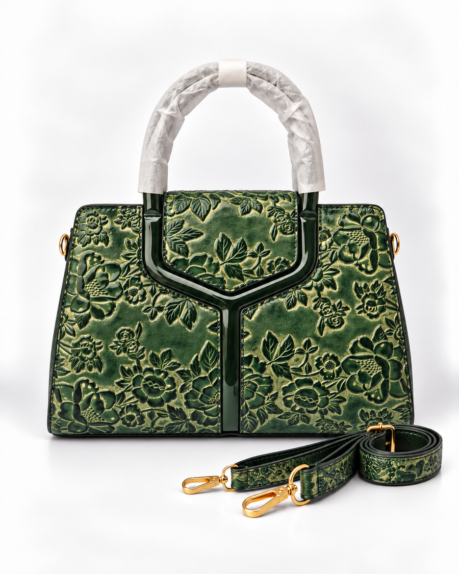 Luxury Emerald Green Floral Embossed Satchel