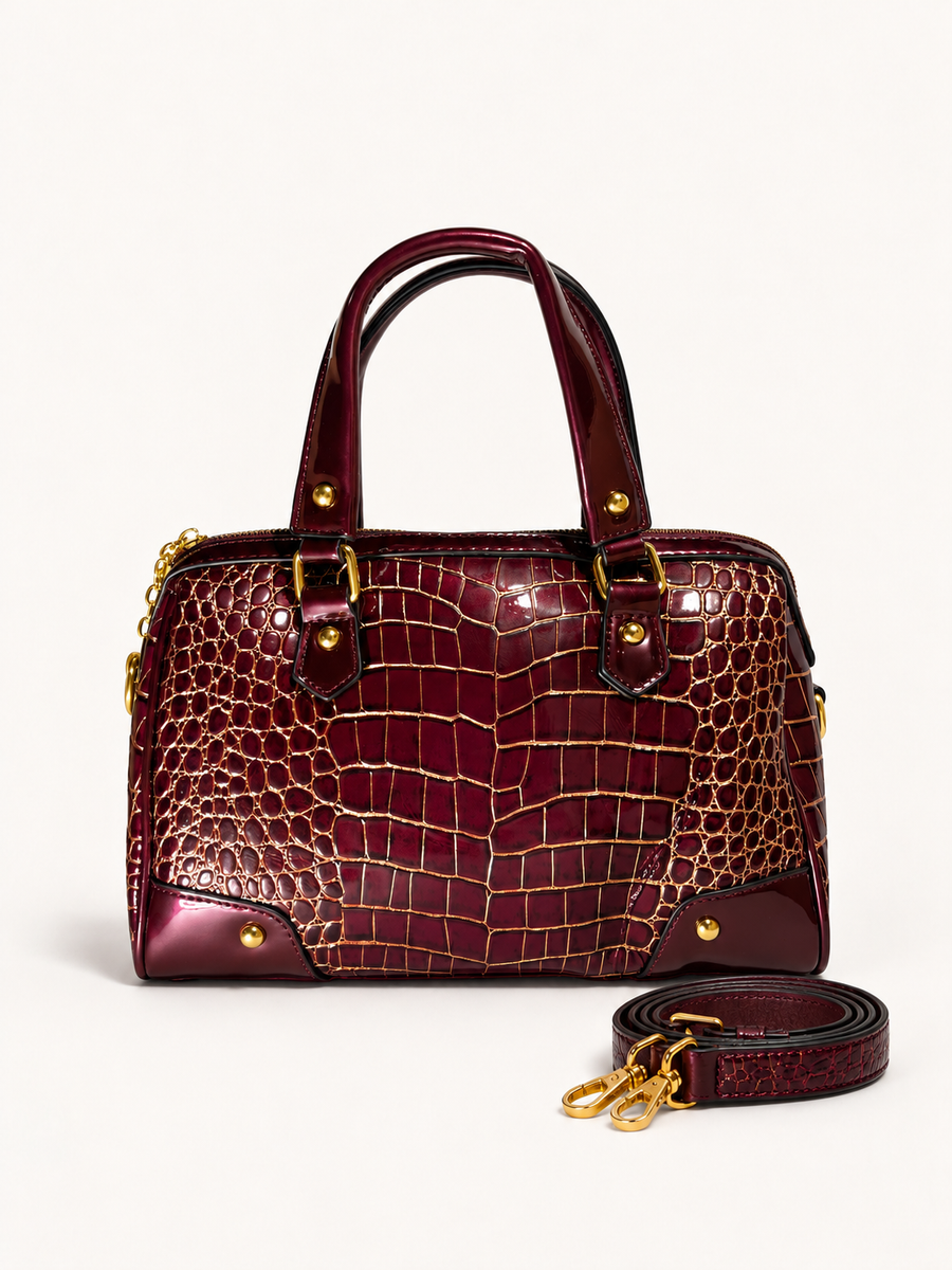 Burgundy Gold Croc Embossed Satchel