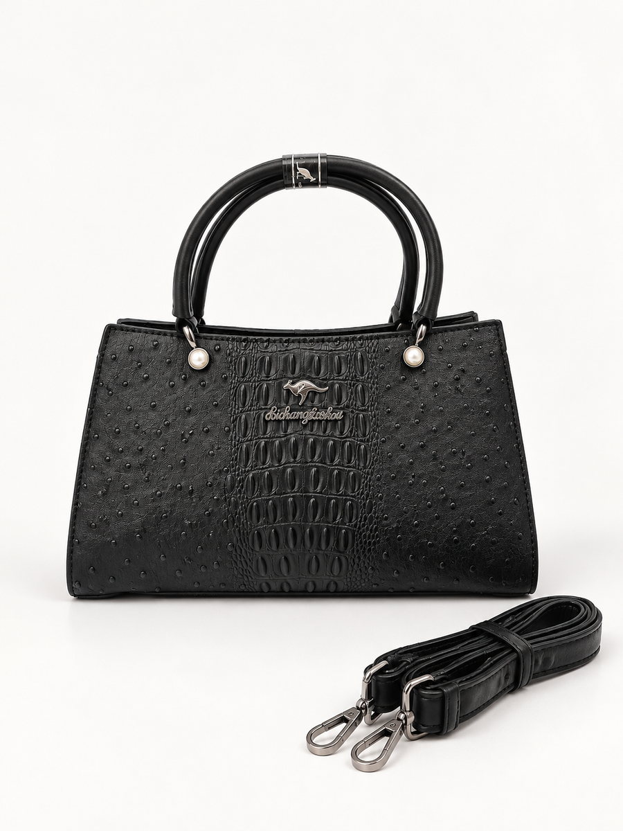 Luxury Black Croc-Embossed Textured Handbag