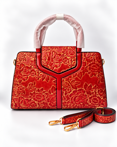 Luxury Scarlet Floral Embossed Satchel