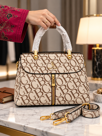 Luxury Beige Monogram Zipper Satchel