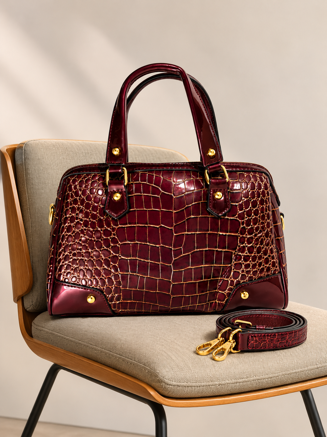 Burgundy Gold Croc Embossed Satchel