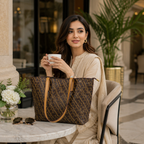 Luxury Monogram Print Tote Handbag – Large Brown Shoulder Bag with Tan Straps