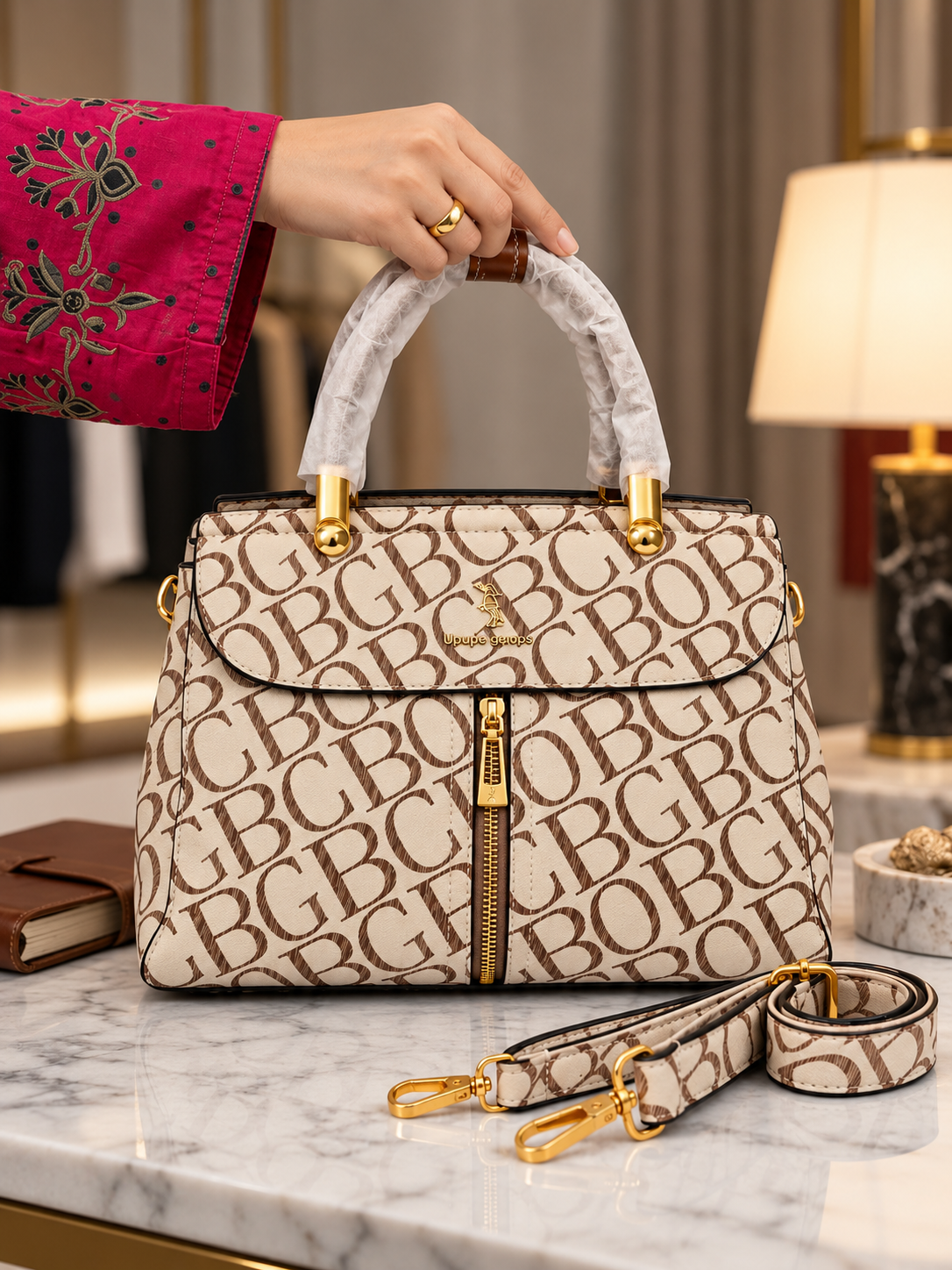 Luxury Beige Monogram Zipper Satchel