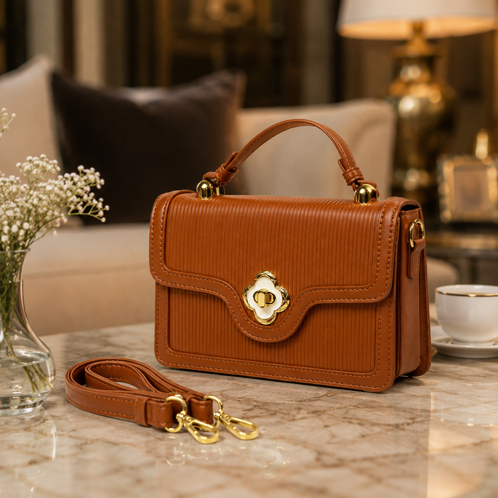 Chic Cognac Brown Pleated Flap Purse – Structured Women’s Small Satchel with Gold Hardware