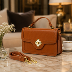 Chic Cognac Brown Pleated Flap Purse – Structured Women’s Small Satchel with Gold Hardware