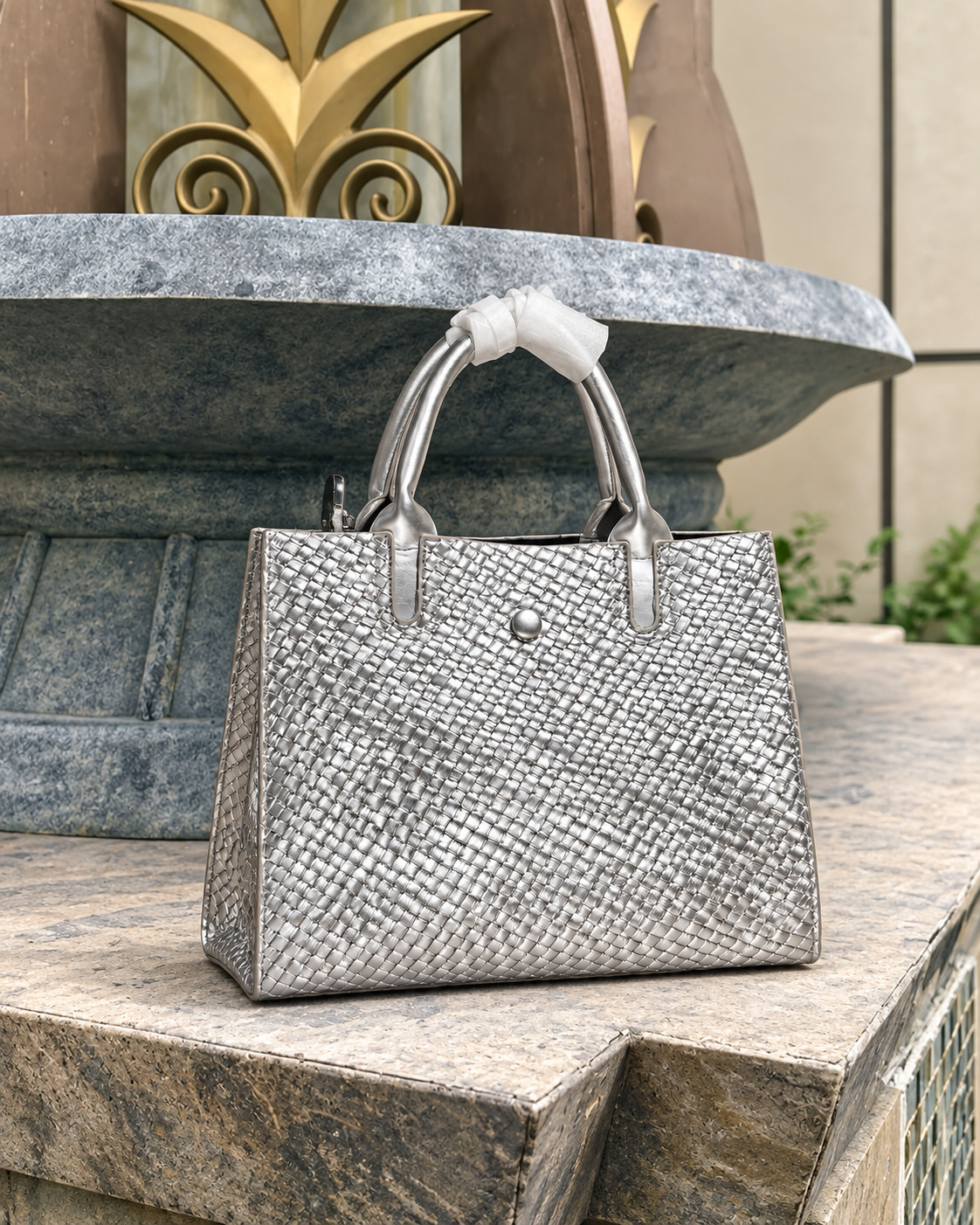 Silver Woven Elegance Tote Bag
