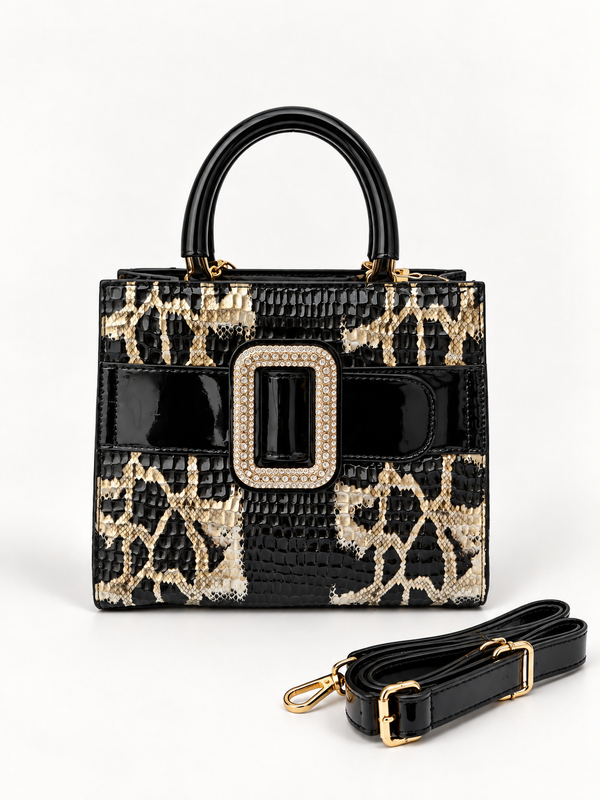 Luxury Black & Beige Snake-Print Handbag