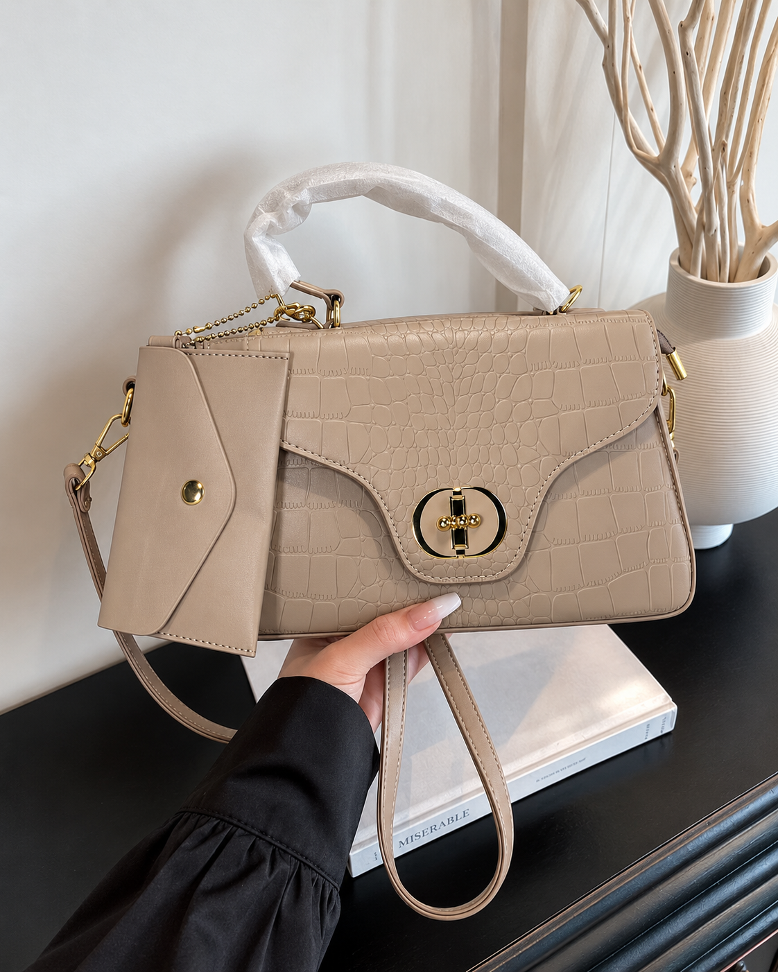 Beige Croc-Embossed Luxury Shoulder Bag Set