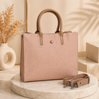 Chic Pastel Pink Woven-Look Satchel Purse – Structured Medium Carryall Bag with Contrasting Taupe Trim