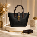 Chic Black & Brown Satchel Bag – Premium Textured Designer Tote with Gold Emblem Accent