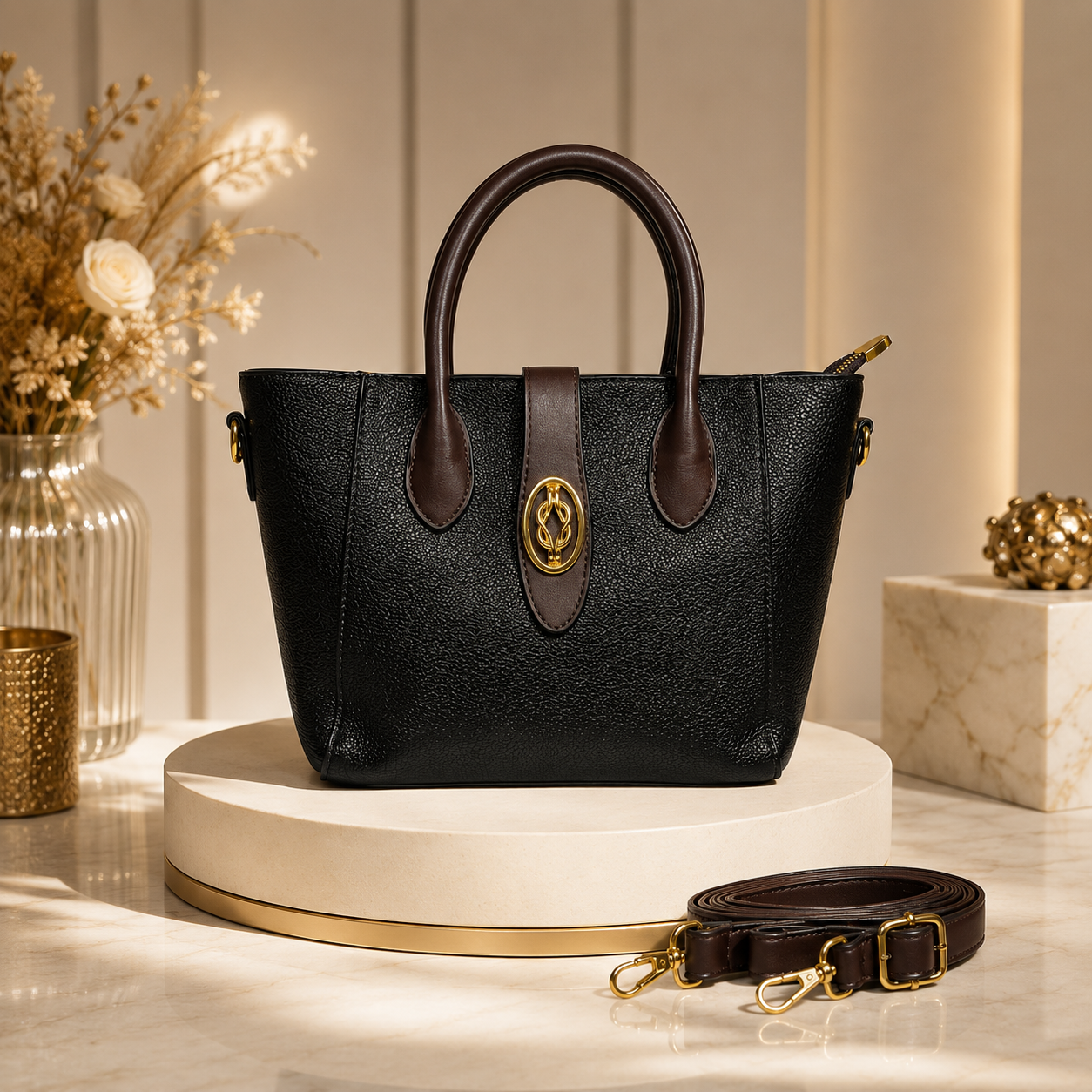 Chic Black & Brown Satchel Bag – Premium Textured Designer Tote with Gold Emblem Accent