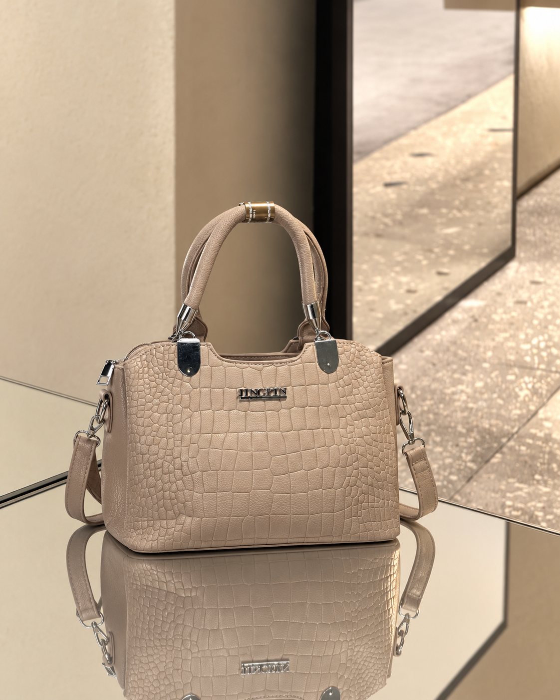 Vesper Taupe Croc Satchel