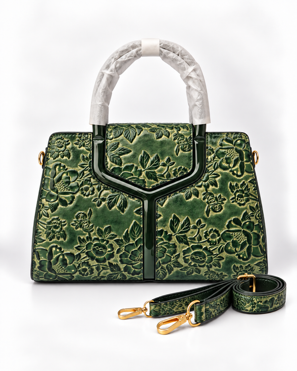 Luxury Emerald Green Floral Embossed Satchel