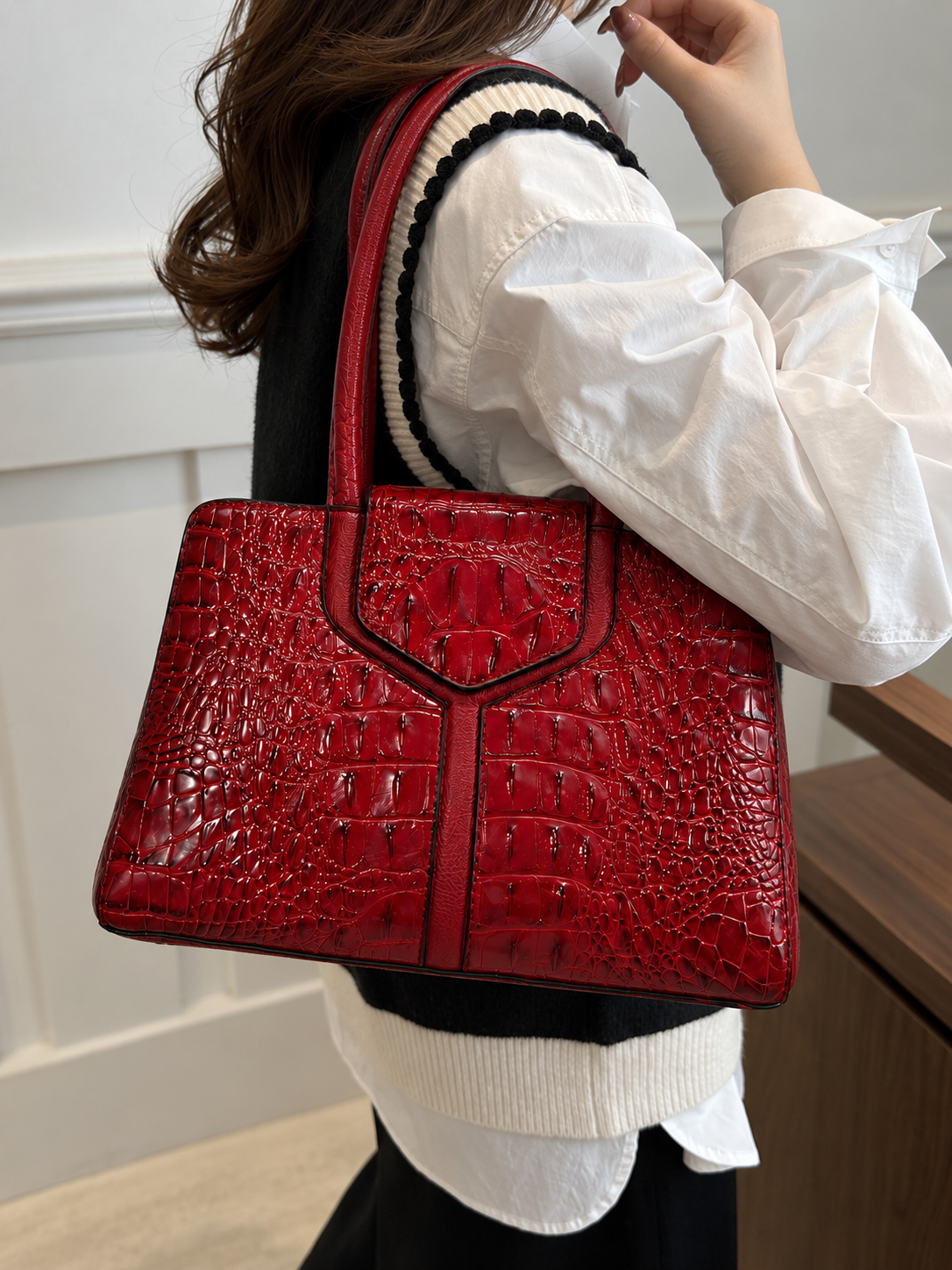Valentina Ruby Croc Satchel