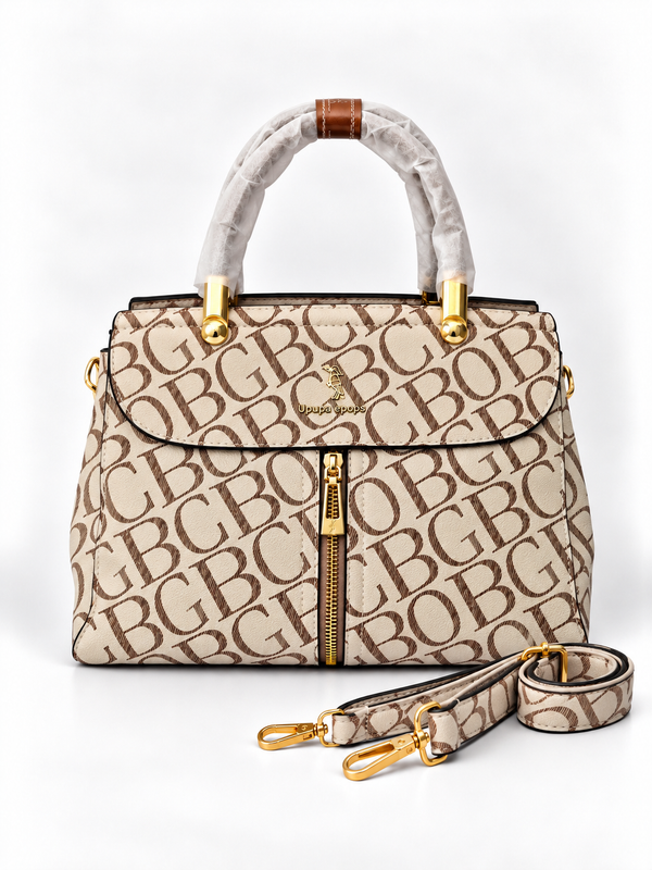 Luxury Beige Monogram Zipper Satchel