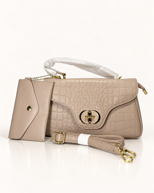 Beige Croc-Embossed Luxury Shoulder Bag Set