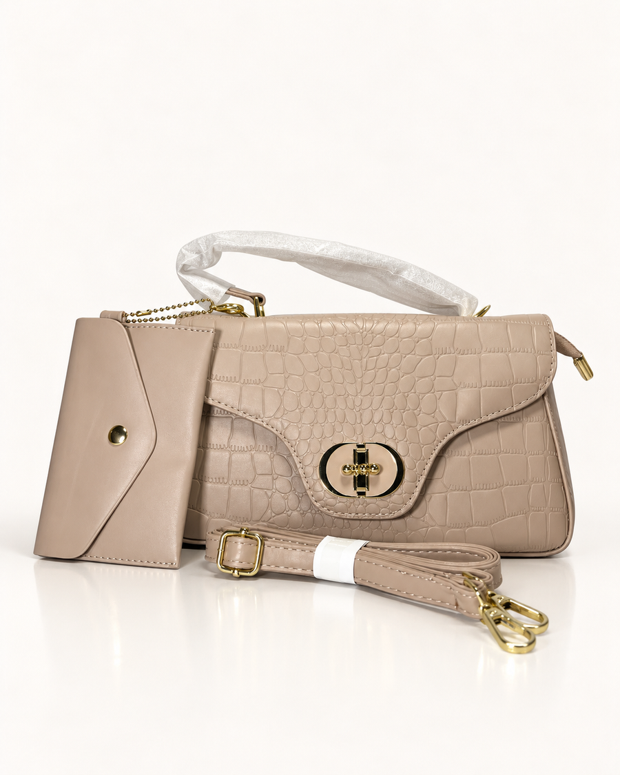 Beige Croc-Embossed Luxury Shoulder Bag Set