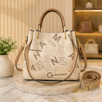 Chic Typography Print Satchel – Cream & Tan Women’s Shoulder Bag with Metallic Accents