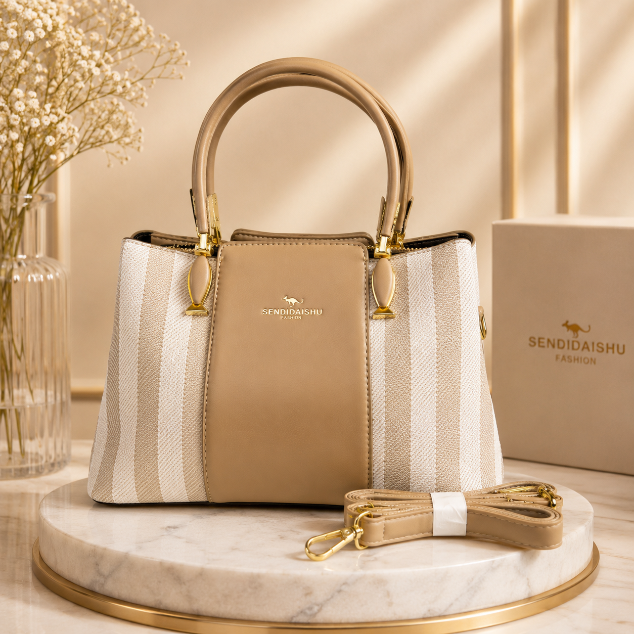 Aura Striped Structured Tote – Classic Beige & Cream