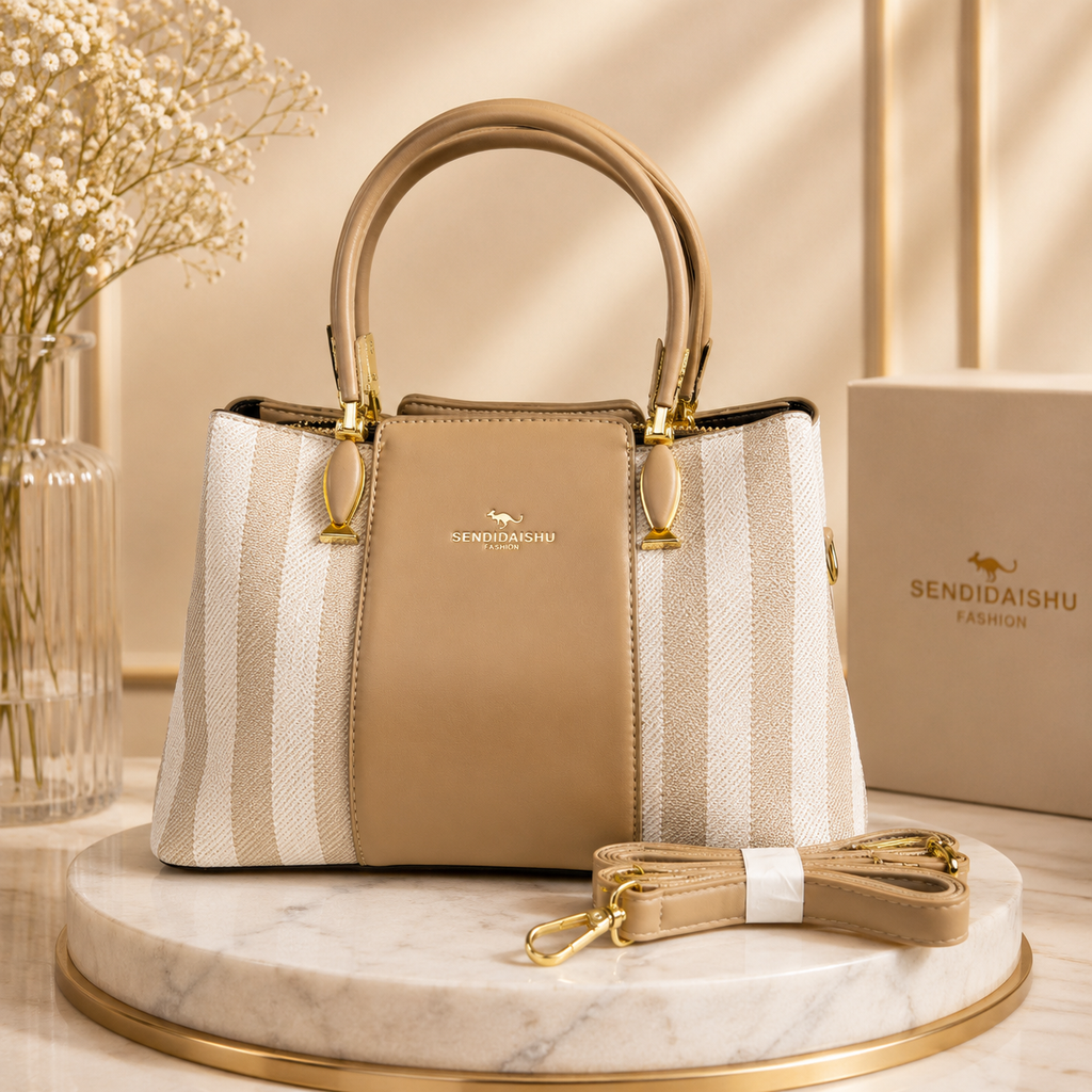 Aura Striped Structured Tote – Classic Beige & Cream