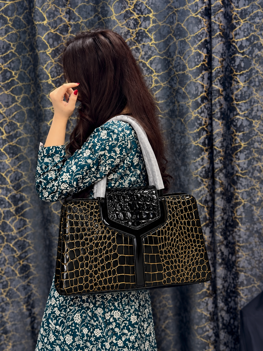 Black Gold Croc Embossed Structured Tote Bag