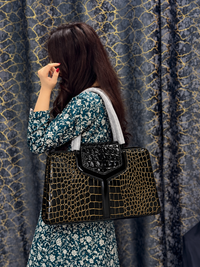 Black Gold Croc Embossed Structured Tote Bag