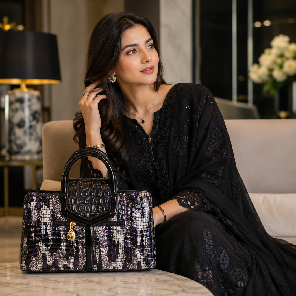 Exotic Faux-Crocodile Textured Handbag – Metallic Silver & Deep Purple Runway Satchel for Women