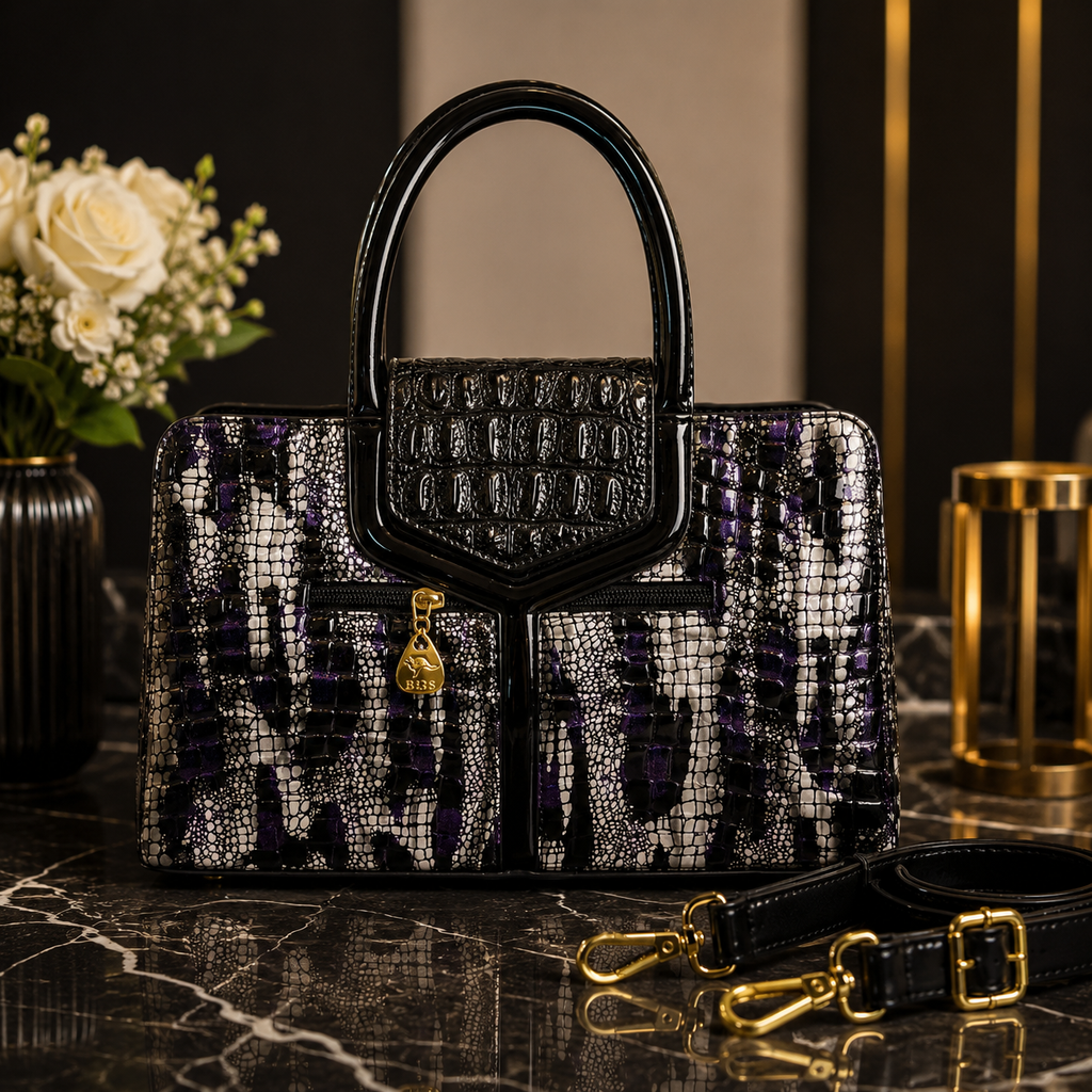 Exotic Faux-Crocodile Textured Handbag – Metallic Silver & Deep Purple Runway Satchel for Women