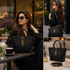 Chic Black & Brown Satchel Bag – Premium Textured Designer Tote with Gold Emblem Accent