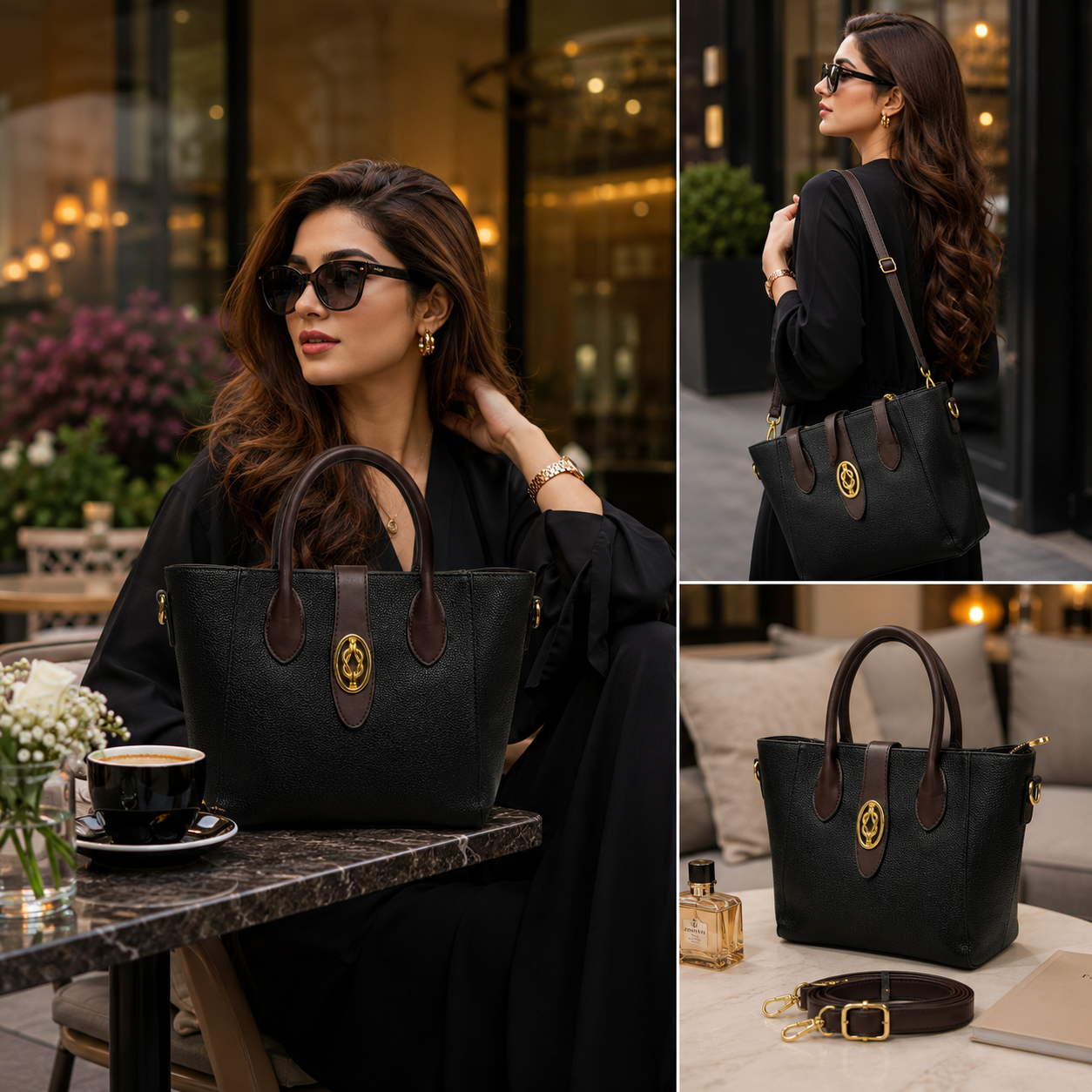 Chic Black & Brown Satchel Bag – Premium Textured Designer Tote with Gold Emblem Accent