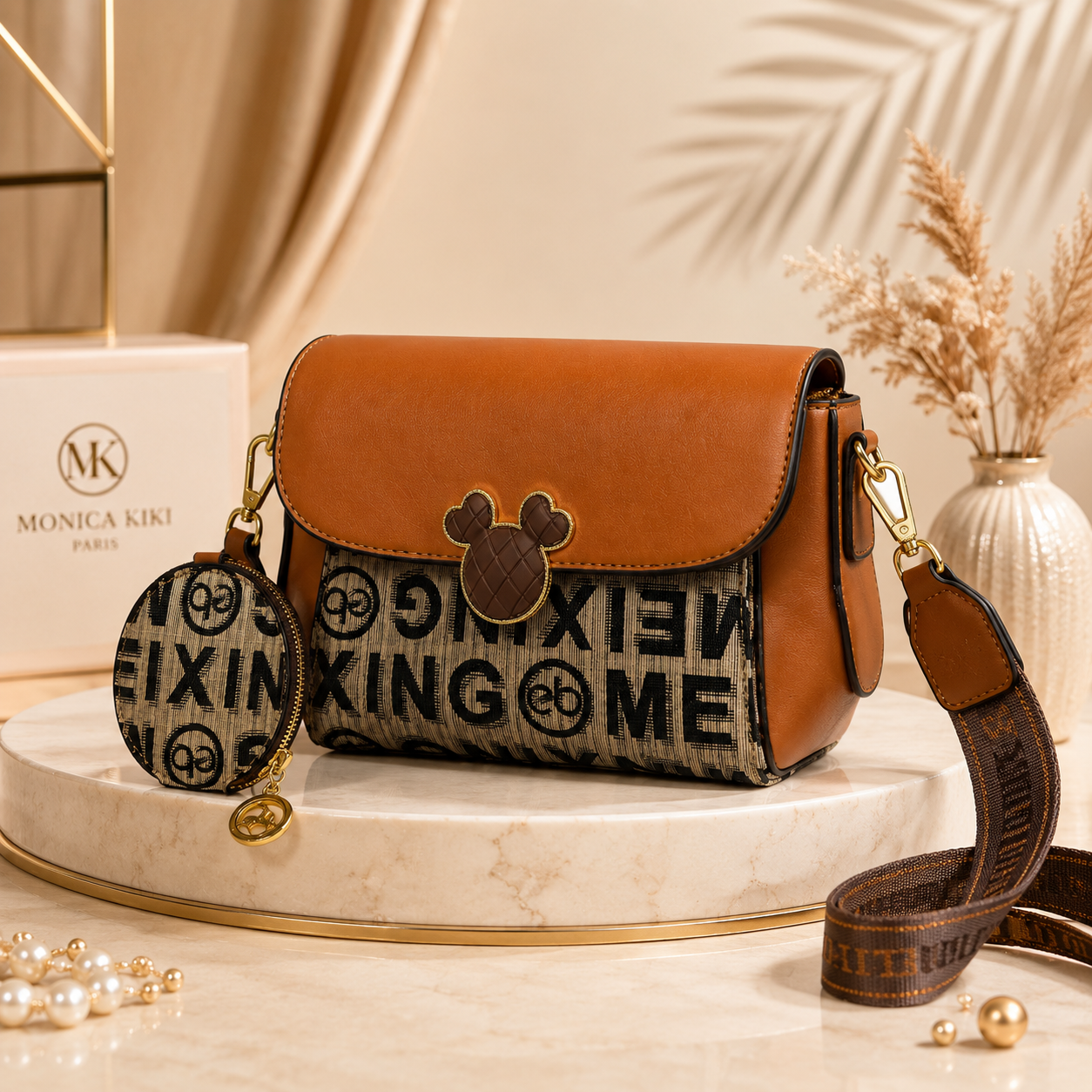 Women's Graphic Print Crossbody Bag – Two-Tone Brown Leather Shoulder Messenger with Matching Round Pouch