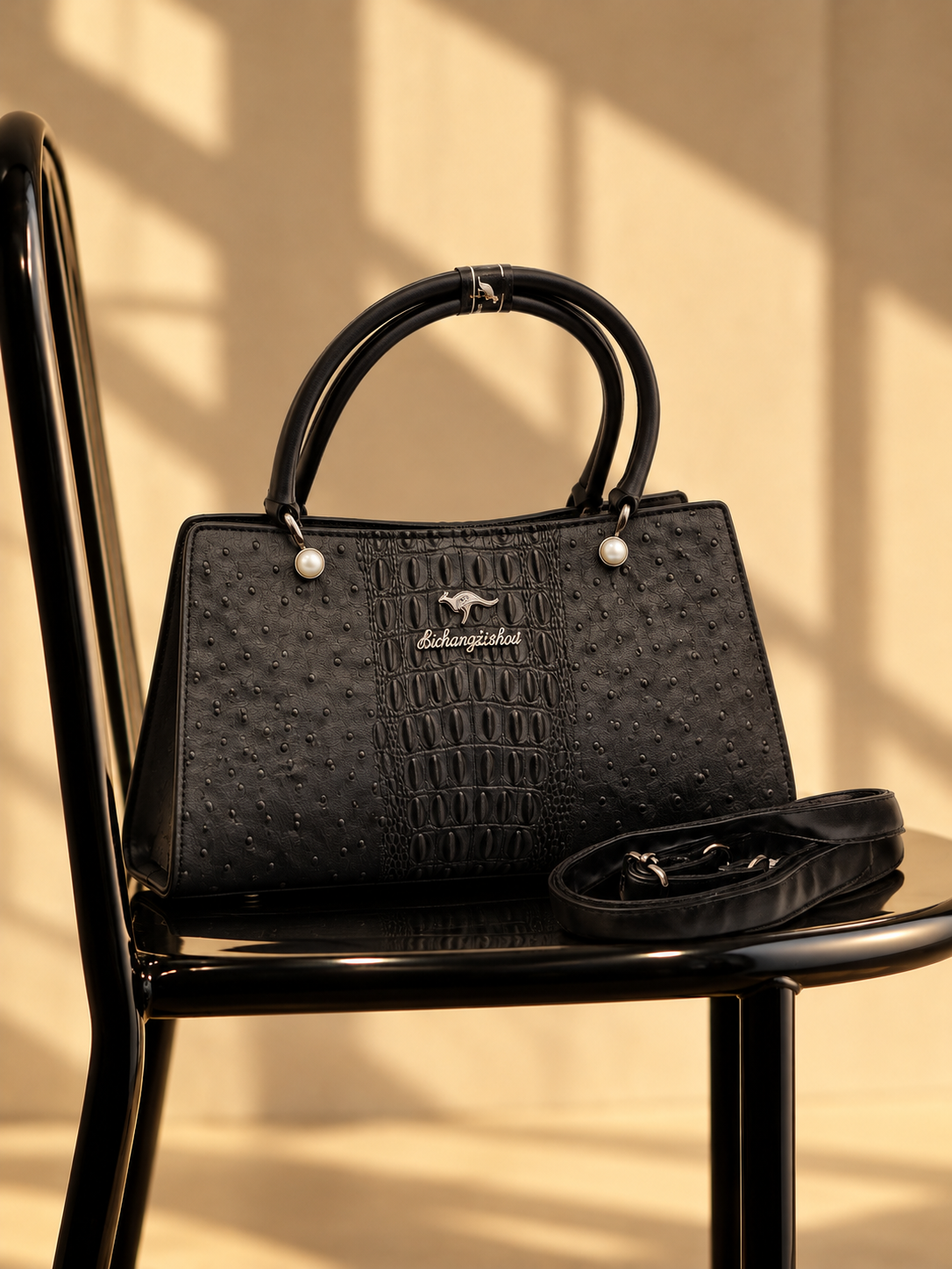 Luxury Black Croc-Embossed Textured Handbag