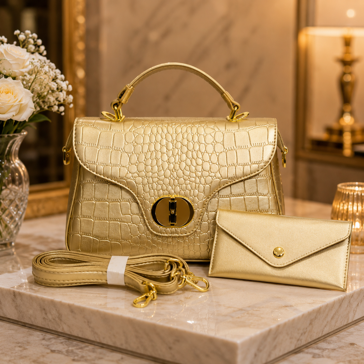Glamorous Gold Evening Satchel Bag – Statement Croc-Effect Purse with Matching Clutch Wallet for Weddings & Parties
