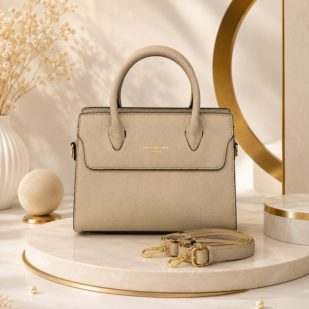 Chic Textured Beige Satchel Bag – Minimalist Women’s Top-Handle Purse with Gold Hardware