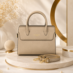Chic Textured Beige Satchel Bag – Minimalist Women’s Top-Handle Purse with Gold Hardware