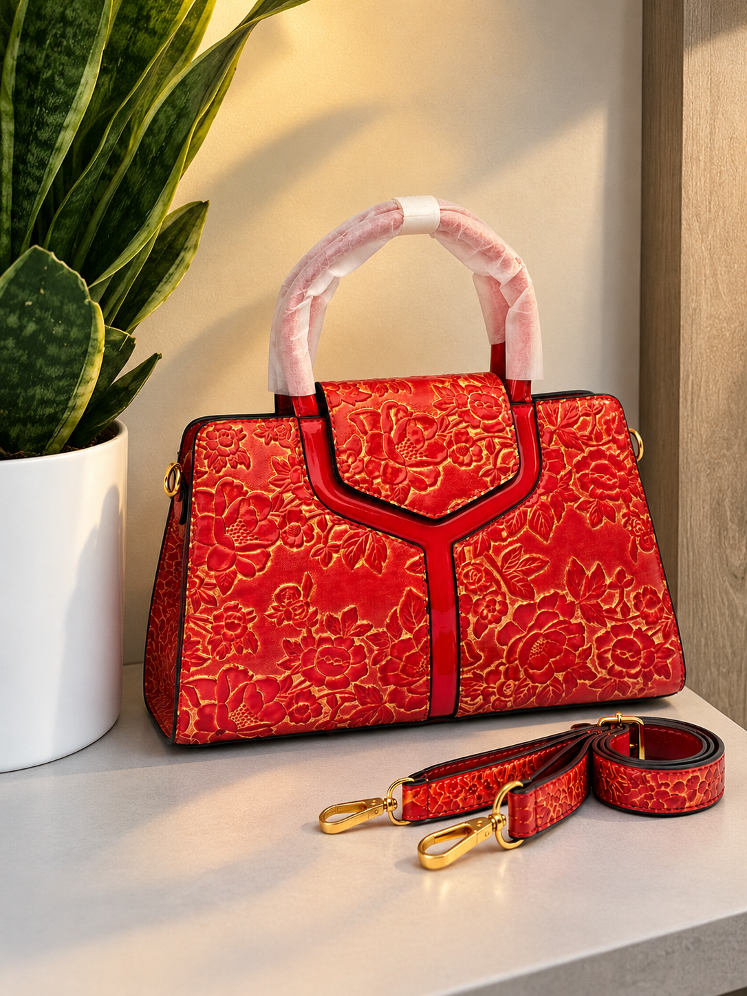 Luxury Scarlet Floral Embossed Satchel