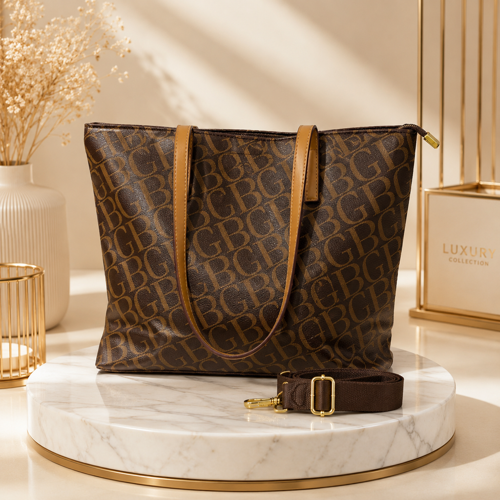 Luxury Monogram Print Tote Handbag – Large Brown Shoulder Bag with Tan Straps