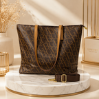 Luxury Monogram Print Tote Handbag – Large Brown Shoulder Bag with Tan Straps