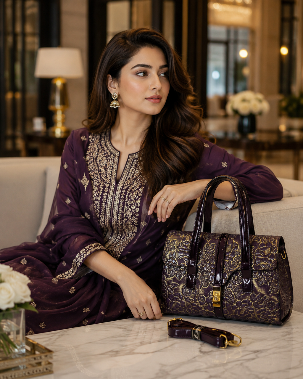 Florentine Embossed Satchel – Midnight Plum & Antique Gold
