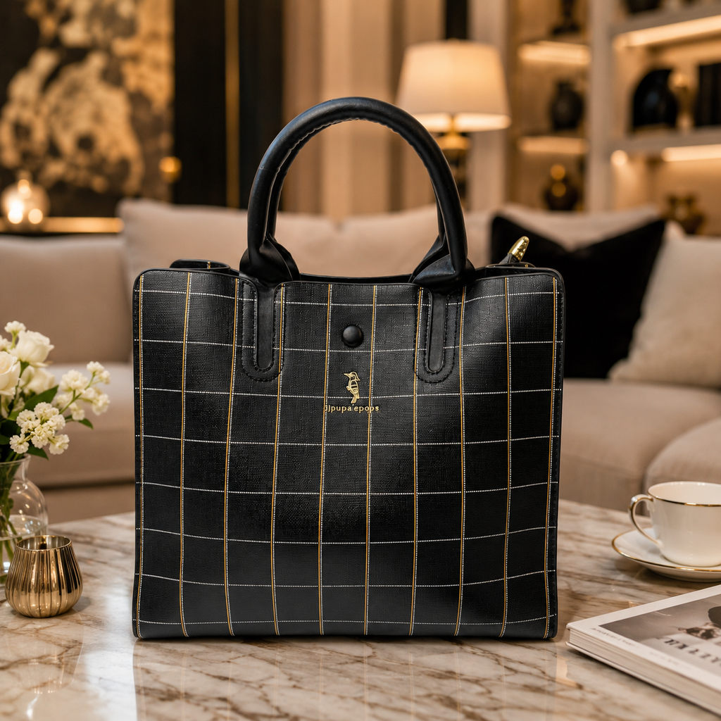 Chic Black Windowpane Satchel Purse – Structured Square Carryall Tote Bag for Women