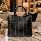 Chic Black Windowpane Satchel Purse – Structured Square Carryall Tote Bag for Women