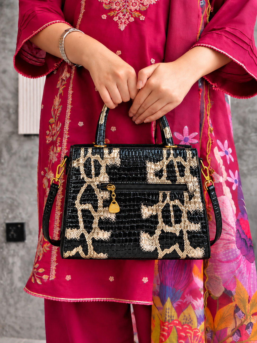 Luxury Black & Beige Snake-Print Handbag