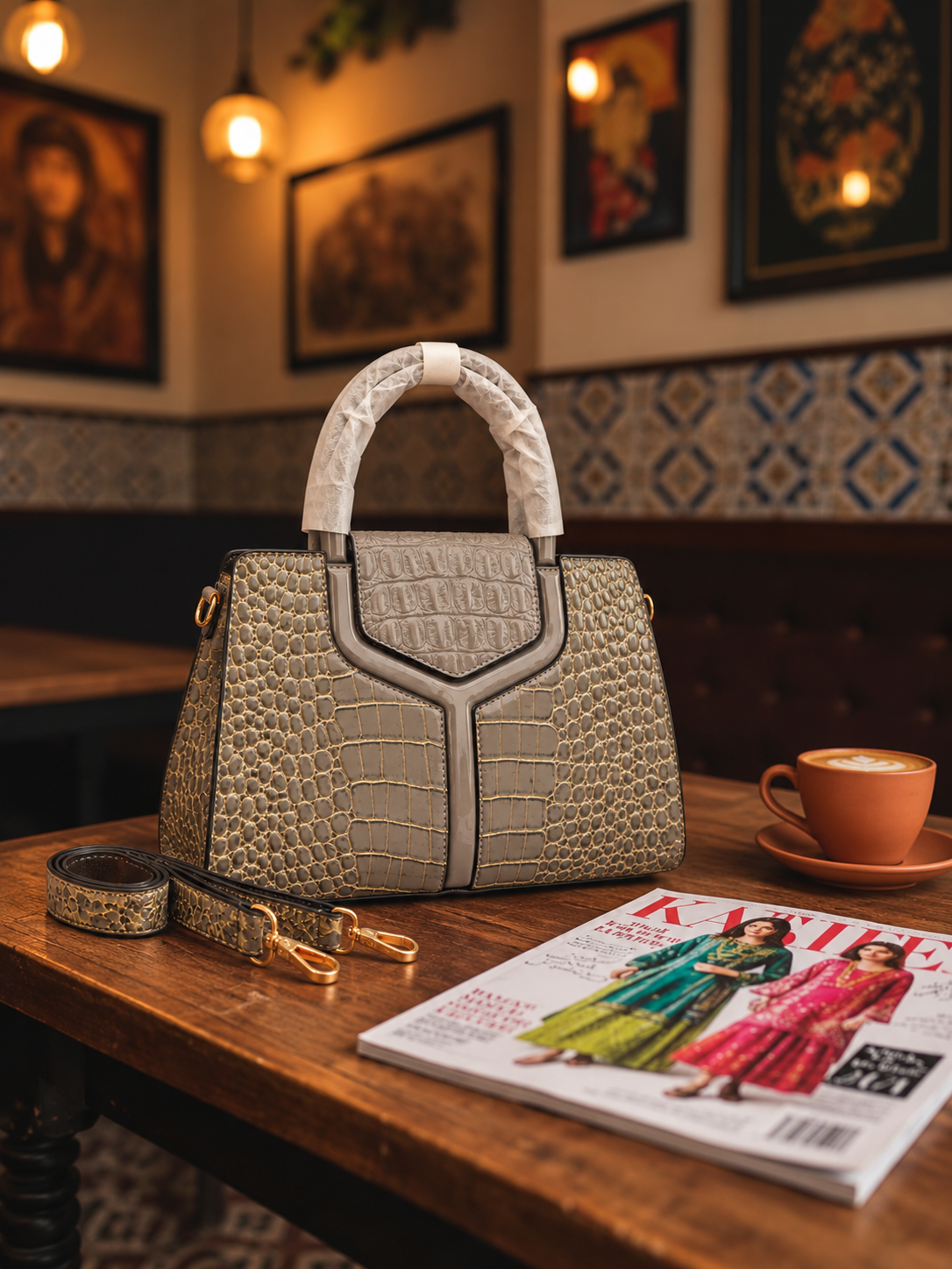 Luxury Taupe Croc-Embossed Satchel