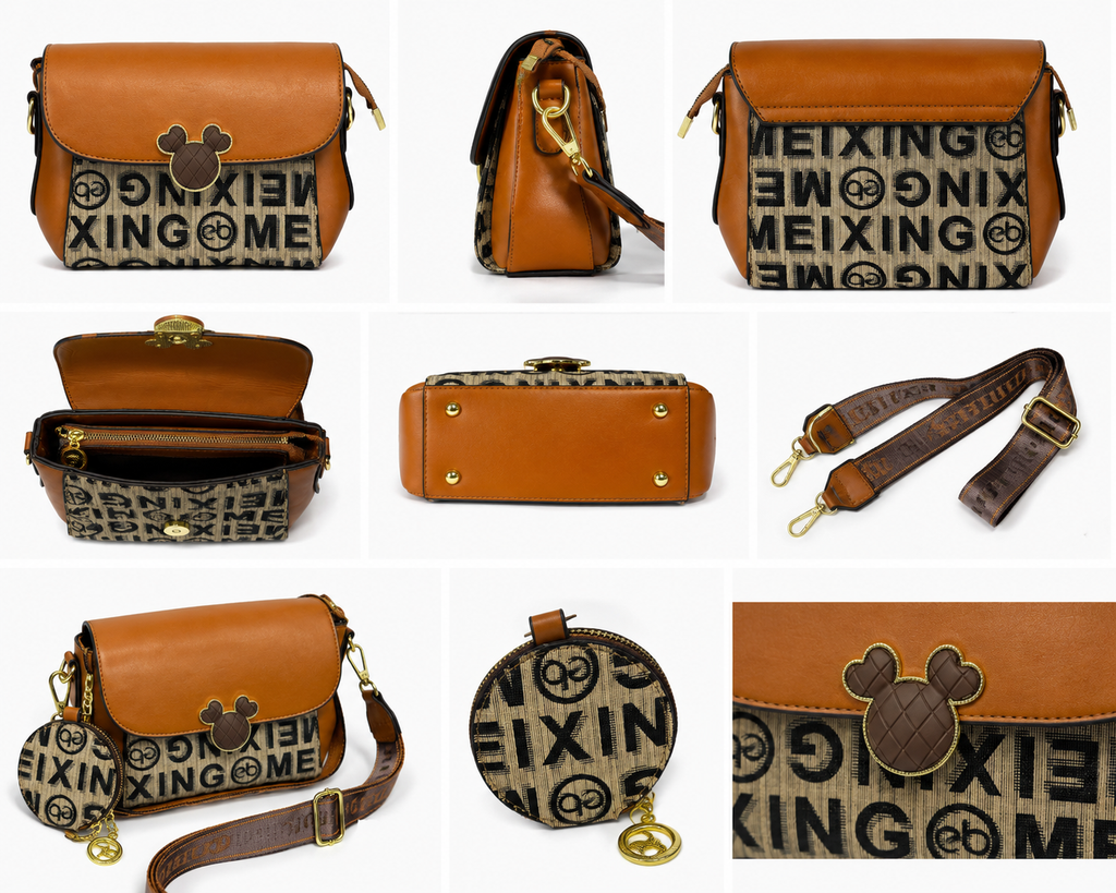 Women's Graphic Print Crossbody Bag – Two-Tone Brown Leather Shoulder Messenger with Matching Round Pouch