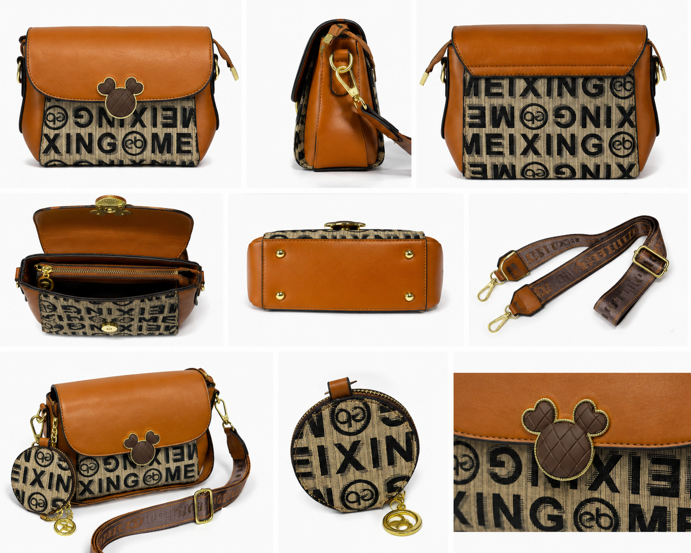 Women's Graphic Print Crossbody Bag – Two-Tone Brown Leather Shoulder Messenger with Matching Round Pouch