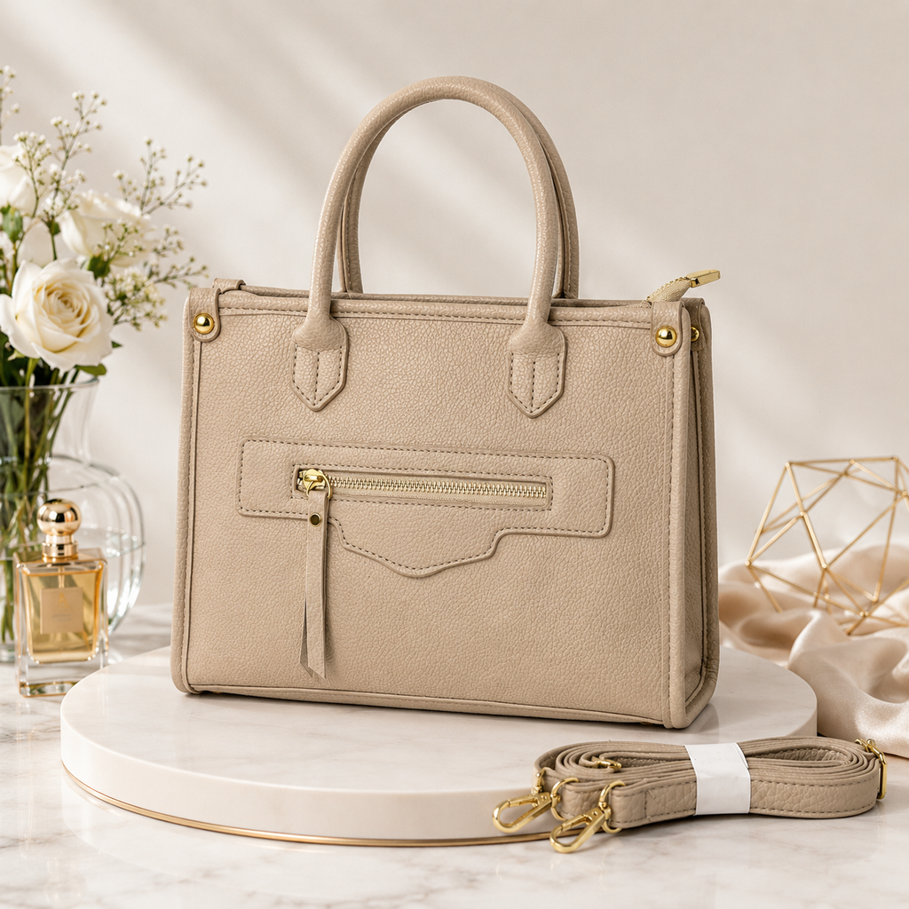 Classic Beige Structured Satchel – Women's Medium Shoulder Bag with Gold Hardware Accents