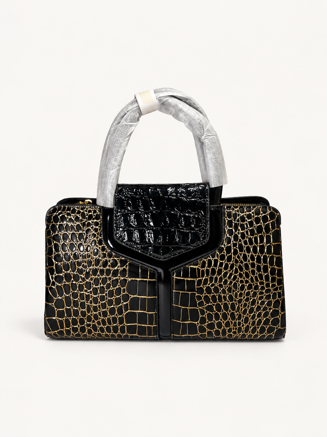 Black Gold Croc Embossed Structured Tote Bag