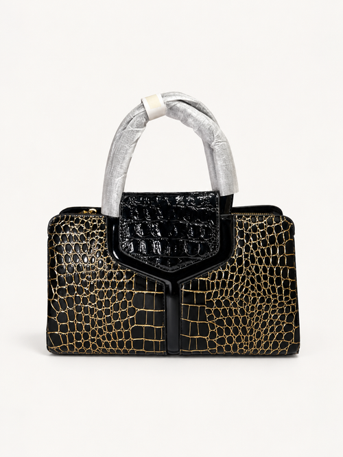 Black Gold Croc Embossed Structured Tote Bag