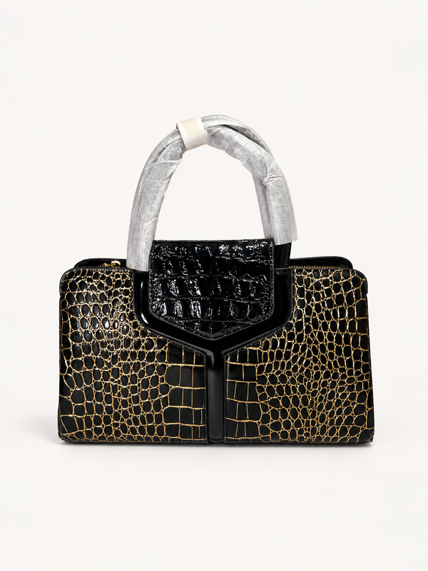 Black Gold Croc Embossed Structured Tote Bag